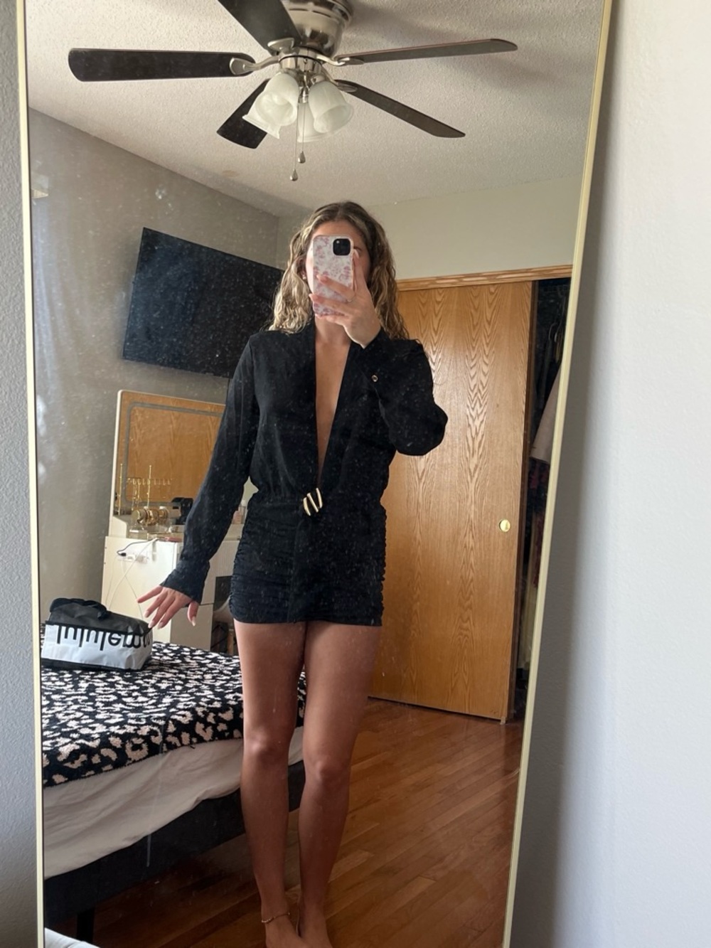 Black Deep-V Long-Sleeve Mini Dress with Gold Accent